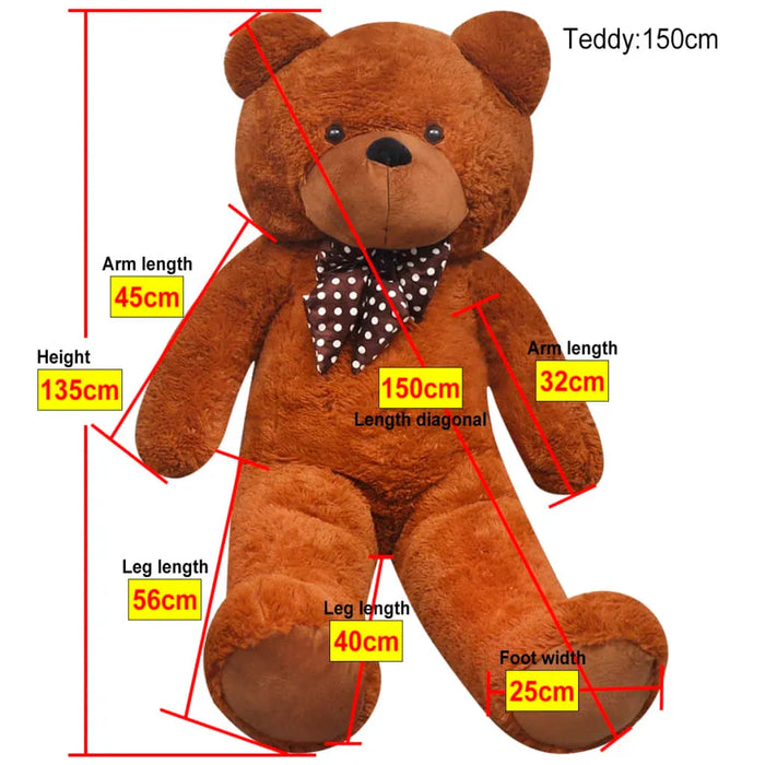 Brown teddy bear with measurement labels on a white background
