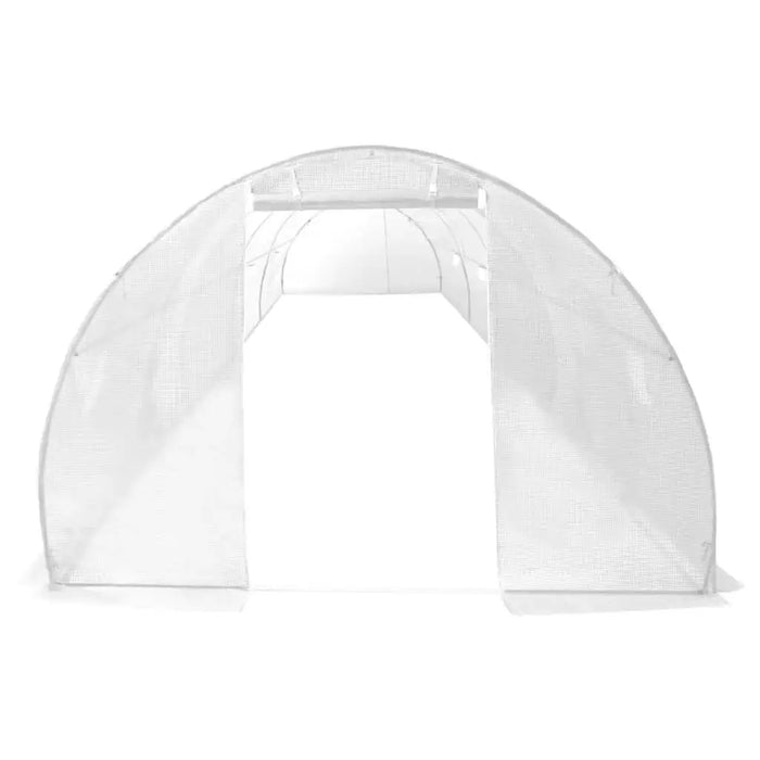 Extra-large walk-in greenhouse with arched frame and mesh PE cover, open entrance