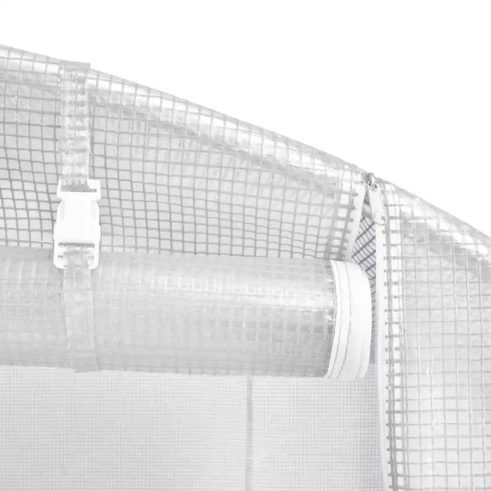 Close-up of a heavy-duty PE mesh cover with zipper and buckle on a walk-in greenhouse.