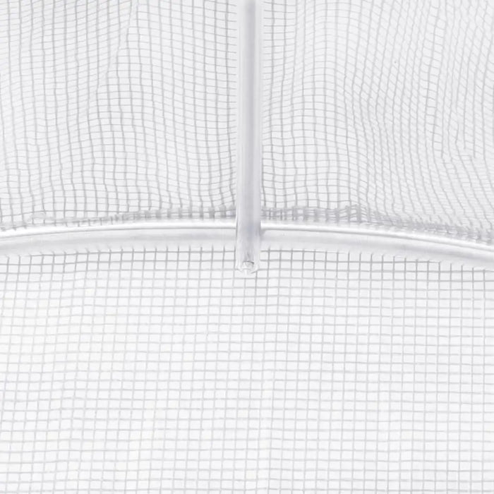 Close-up of reinforced PE mesh cover on polytunnel greenhouse support frame