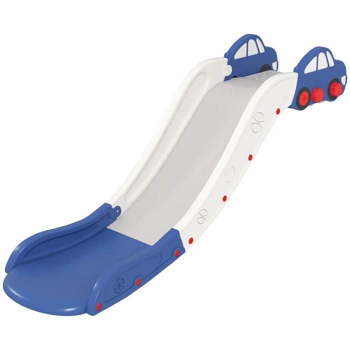 Blue and white children's plastic slide with car-shaped handles and a smooth sliding surface