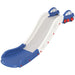 Blue and white children's plastic slide with car-shaped handles and a smooth sliding surface