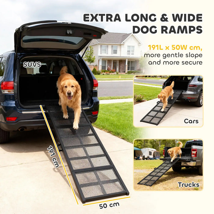 Dog using an extra long and wide pet ramp to enter a vehicle, with additional images showing its use on different types of vehicles.
