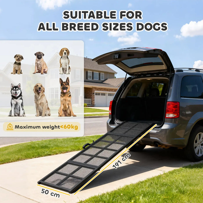 Dog ramp attached to an SUV with a house and grass in the background