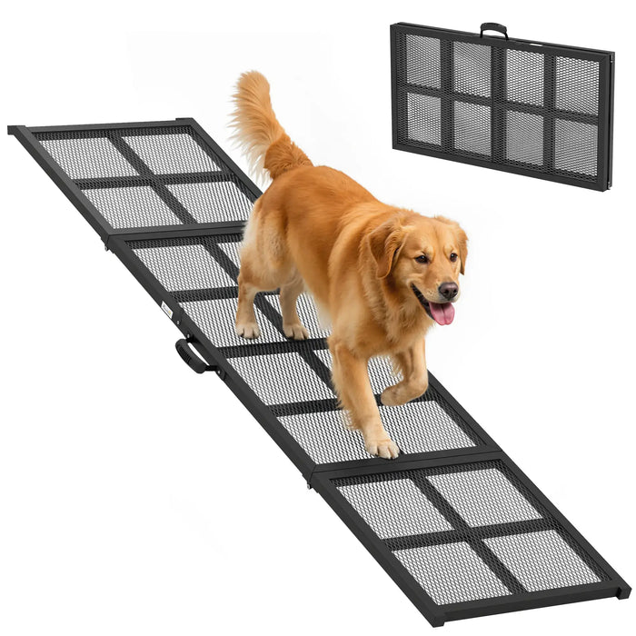 Dog using a black mesh pet ramp on a white background