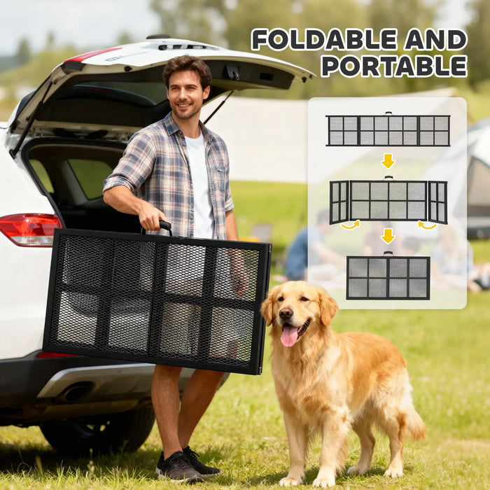 Man holding a foldable pet carrier next to a dog, with text indicating it is foldable and portable.