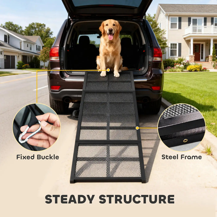 Dog using a pet ramp to enter an SUV with details on structure and materials.