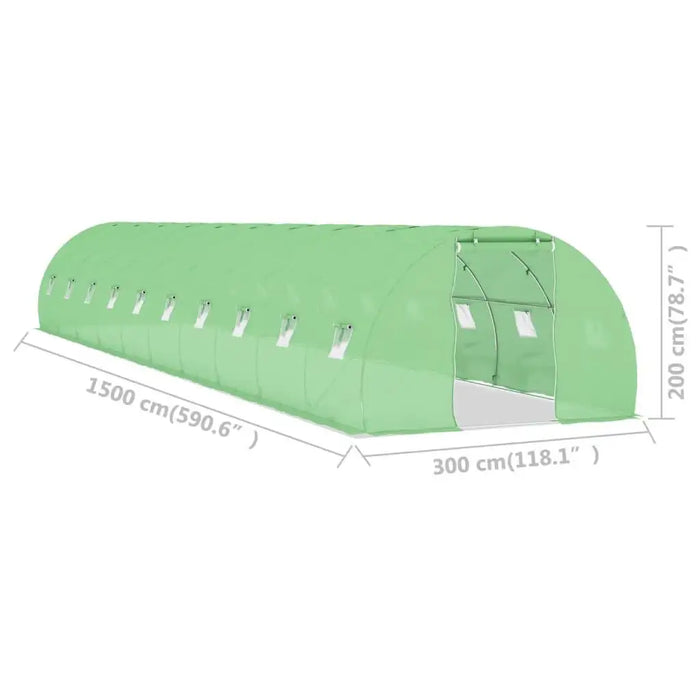 Extra-long green polytunnel greenhouse with mesh cover and dimensions: 1500x300x200 cm.
