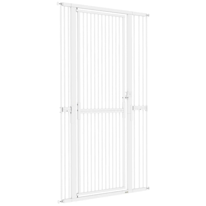 White metal safety gate with vertical bars for child or pet security
