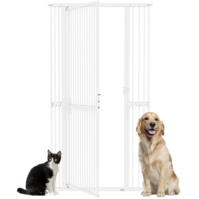 White metal pet safety gate open with black and white cat and golden retriever dog sitting beside it