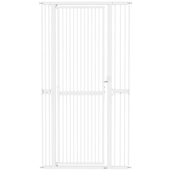 White vertical metal safety gate with pressure mount bars and locking latch for child or pet safety