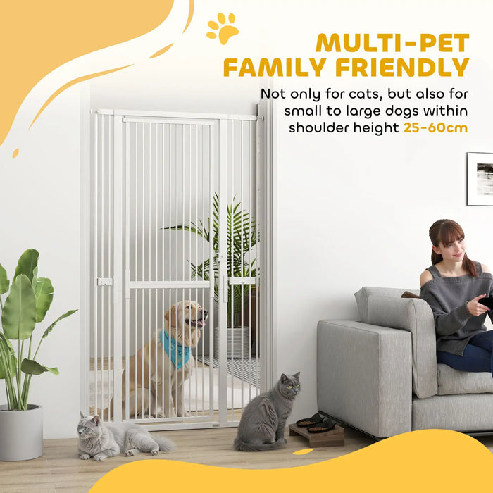 Multi-pet family-friendly gate with golden retriever behind and two cats near gray sofa indoors
