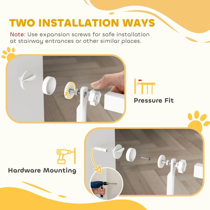 Two installation methods for safety gate: pressure fit and hardware mounting with screws and wall anchors