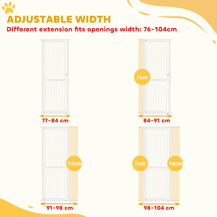 Adjustable width pet gate with extensions fitting openings from 76 to 104 cm, showing size options