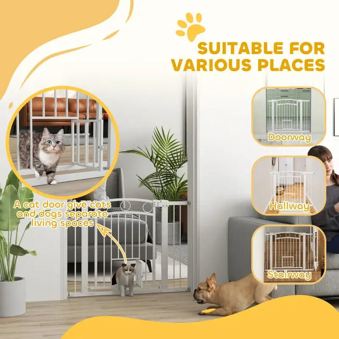Extra Wide Pet Gate with Cat Door | Adjustable Dog Stair Gate - Pressure or Drill Mount PAWHUT - Little and Giant Explorers PawHut