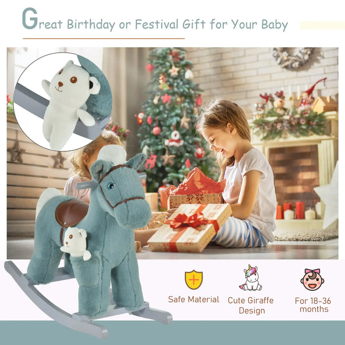 Blue plush rocking horse toy with a small white bear plush, Christmas tree and child opening gifts