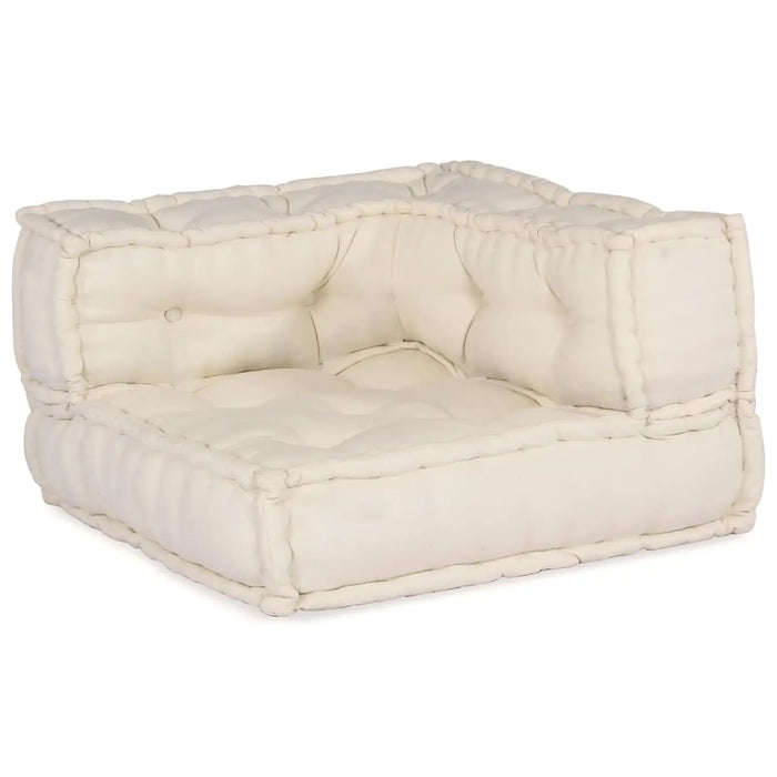 Cream-colored quilted pet bed on a white background