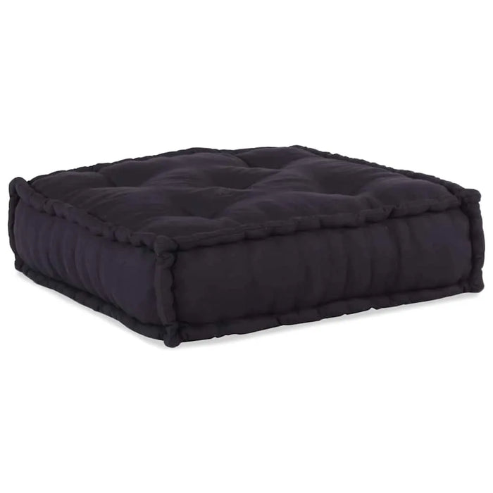 Black quilted square cushion on a white background