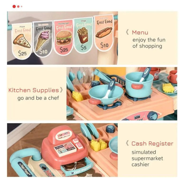 Fast food play shop set with toy cash register, kitchen supplies, and illustrated menu.