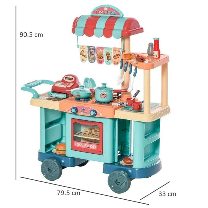 Kids fast food play shop and cashier register set with toy kitchen accessories, 90.5x79.5x33 cm