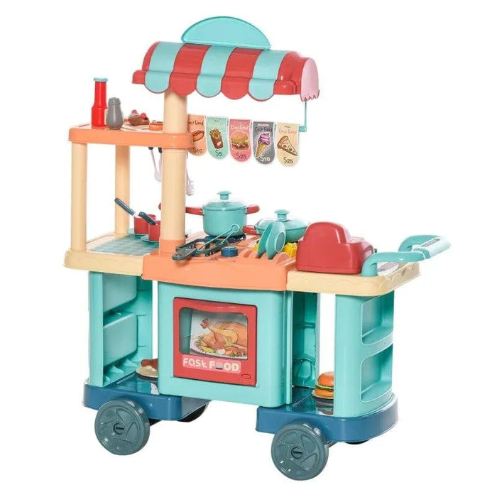 Fast food play shop toy with cash register, oven, kitchen utensils, and accessory set on wheels