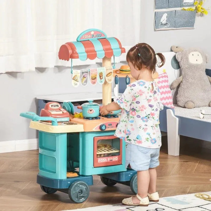 Toddler playing with fast food play shop and cashier register toy set in a bright room