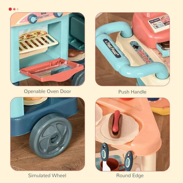 Fast food play shop toy set features oven door, push handle, wheel, and round edge details.