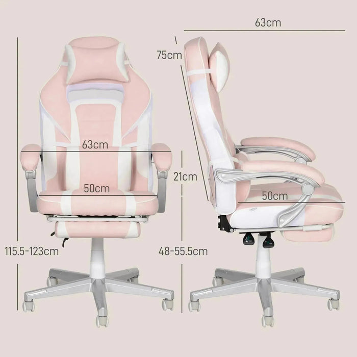 Faux Leather Reclining Gaming Chair with Footrest in Pink and White - Little and Giant Explorers HOMCOM