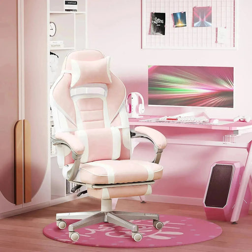 Faux Leather Reclining Gaming Chair with Footrest in Pink and White - Little and Giant Explorers HOMCOM