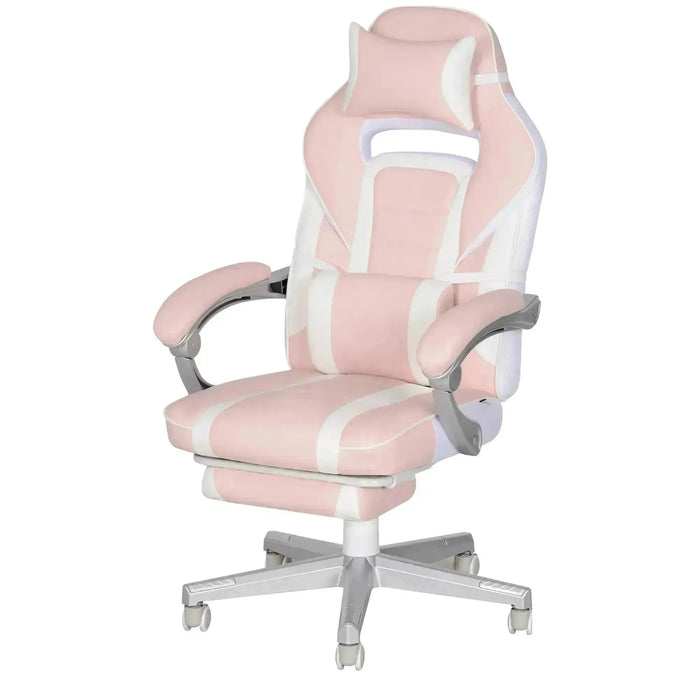 Faux Leather Reclining Gaming Chair with Footrest in Pink and White - Little and Giant Explorers HOMCOM