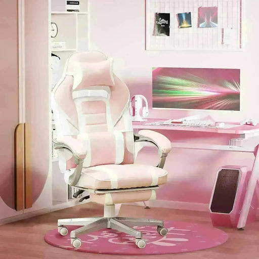 Faux Leather Reclining Gaming Chair with Footrest in Pink and White - Little and Giant Explorers HOMCOM