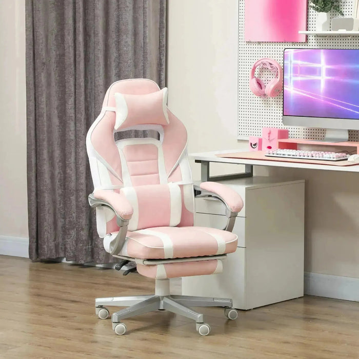 Faux Leather Reclining Gaming Chair with Footrest in Pink and White - Little and Giant Explorers HOMCOM