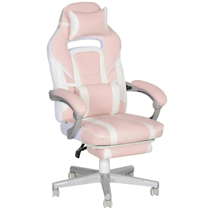 Faux Leather Reclining Gaming Chair with Footrest in Pink and White - Little and Giant Explorers HOMCOM