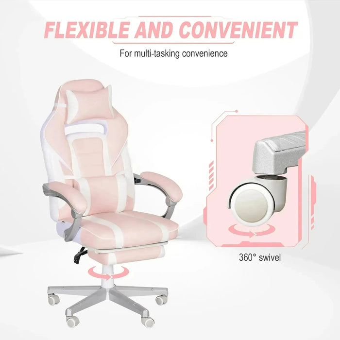 Faux Leather Reclining Gaming Chair with Footrest in Pink and White - Little and Giant Explorers HOMCOM