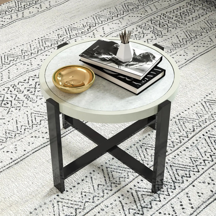 Faux Marble Tempered Glass Top Garden Table 60cm - Little and Giant Explorers Outsunny