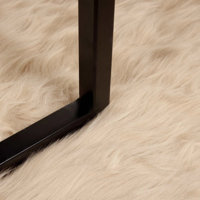 Close-up of a black metal frame on a beige fur surface