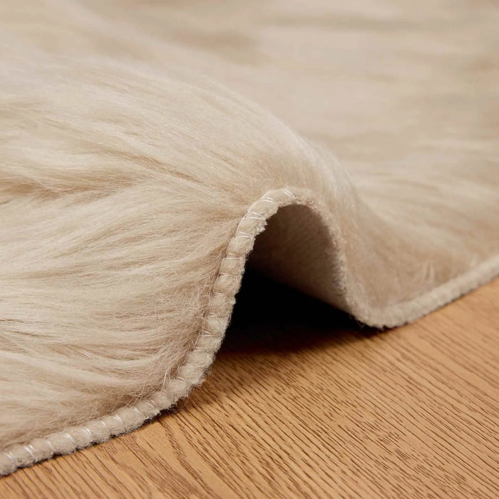 Close-up of a beige rug on a wooden floor
