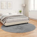 Gray fluffy rug on a wooden floor in a bedroom with a bed and lamp.