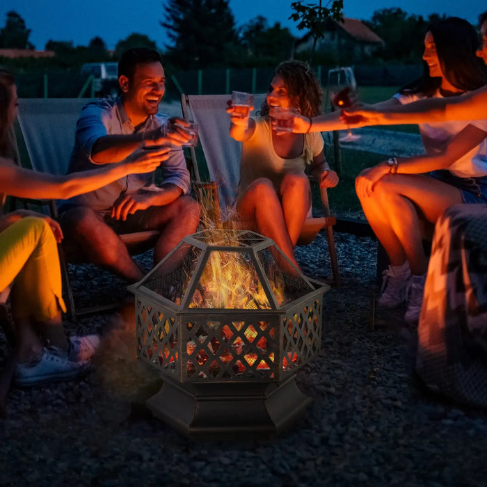 Fire Pit with Screen Cover with Poker in Bronze - Little and Giant Explorers Outsunny