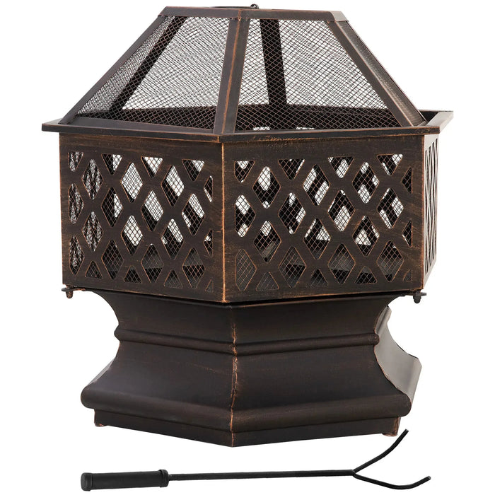 Fire Pit with Screen Cover with Poker in Bronze - Little and Giant Explorers Outsunny