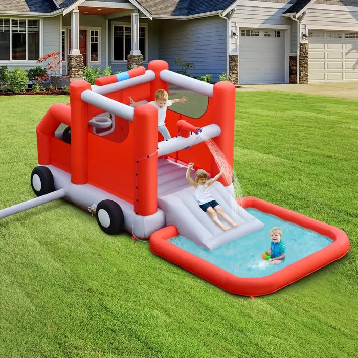Firefighter-Themed Inflatable Water Slide – 3-in-1 Design with Splash Pool, Cab and Basketball | COSTWAY - Little and Giant Explorers Costway