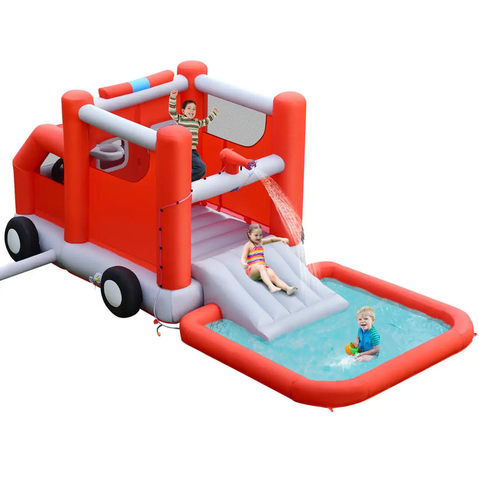Firefighter-Themed Inflatable Water Slide – 3-in-1 Design with Splash Pool, Cab and Basketball | COSTWAY - Little and Giant Explorers Costway