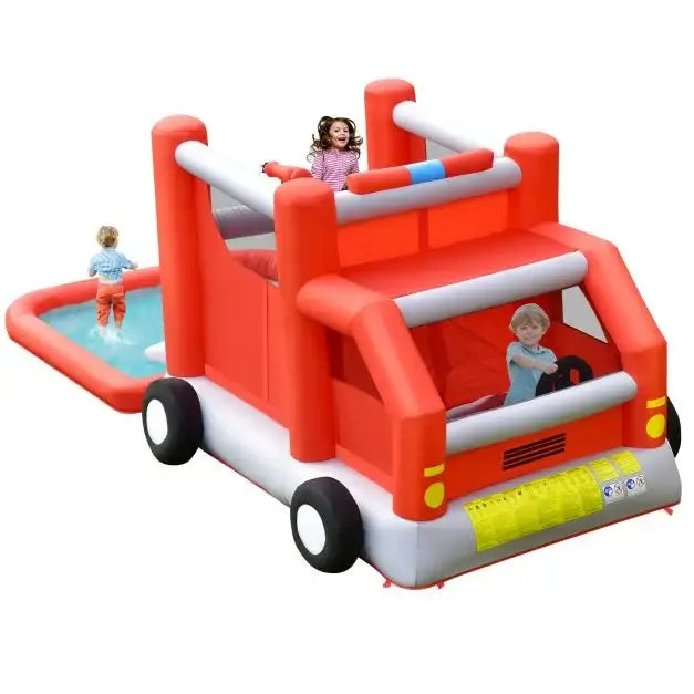 Firefighter-Themed Inflatable Water Slide – 3-in-1 Design with Splash Pool, Cab and Basketball | COSTWAY - Little and Giant Explorers Costway