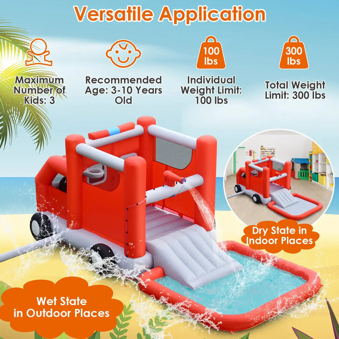 Firefighter-Themed Inflatable Water Slide – 3-in-1 Design with Splash Pool, Cab and Basketball | COSTWAY - Little and Giant Explorers Costway