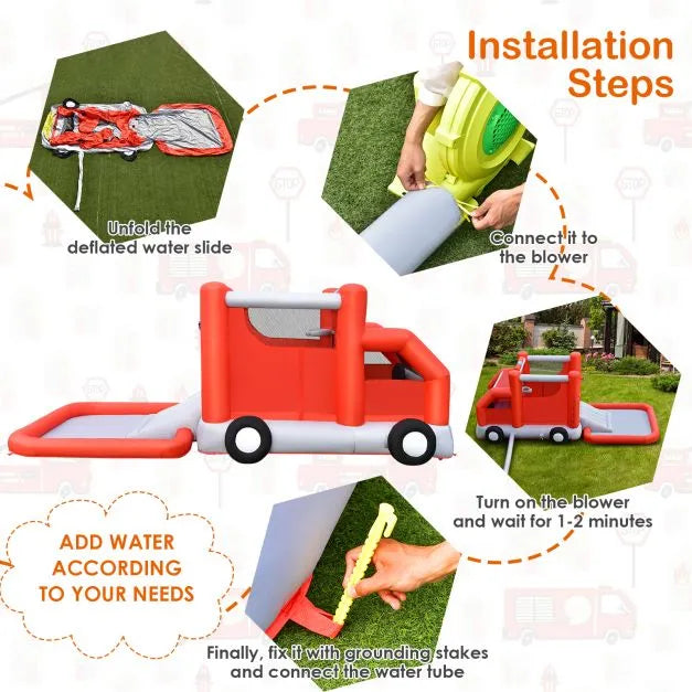 Firefighter-Themed Inflatable Water Slide – 3-in-1 Design with Splash Pool, Cab and Basketball | COSTWAY - Little and Giant Explorers Costway