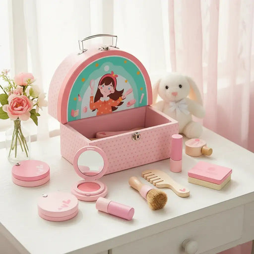 Set of children's beauty items including a pink suitcase, mirror, comb, and various cosmetic tools with measurements.