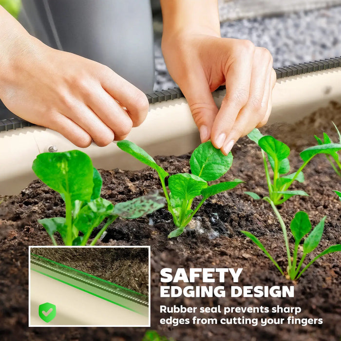 Hands tending green leafy plants in a cream raised garden bed with safety rubber-edged design