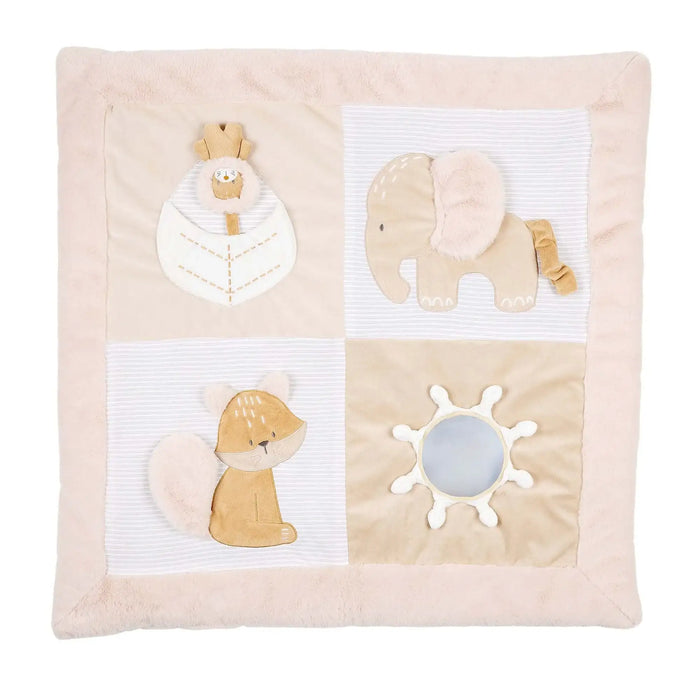 Baby comfort blanket with animal appliqués on a white background