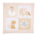 Baby comfort blanket with animal appliqués on a white background