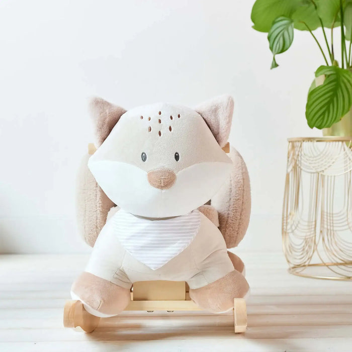 Children's rocking chair with a plush toy in the shape of a fox on a white background